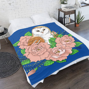 Manta Polar Flores rosadas de búho barn azul