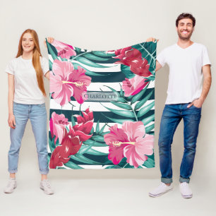 Manta Polar Flores rosadas exóticas Monograma a rayas