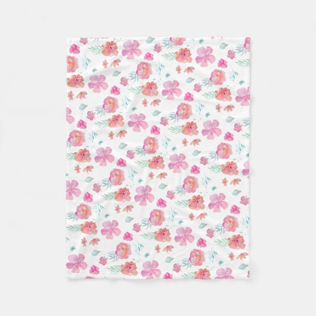 Manta Polar Flores rosadas florales románticas de la acuarela (Anverso)