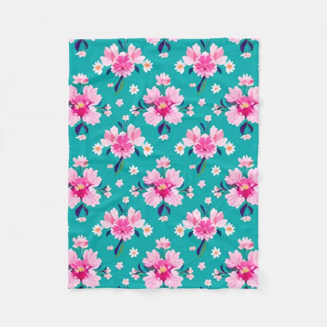 Manta Polar Flores rosadas y hojas sobre fondo azul turquesa (Anverso)