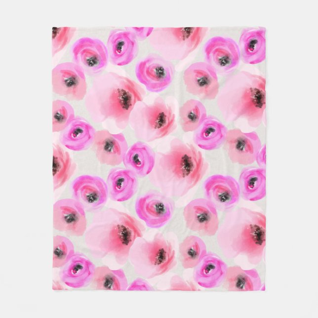 Manta Polar Flores rosas acuarela arte digital (Anverso)