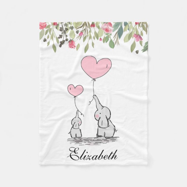 Manta Polar Flores rosas, elefante floral, madre bebé (Anverso)