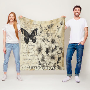 Manta Polar Flores Rústicas y Mariposa - Papel Envejecido