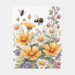 Manta Polar Flores silvestres y acuarela de abejas melíferas