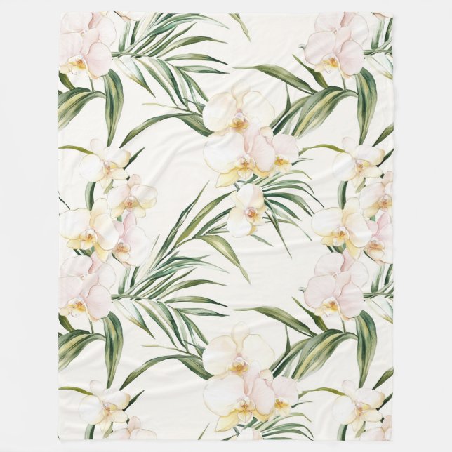 Manta Polar Flores tropicales de orquídeas blancas (Anverso)