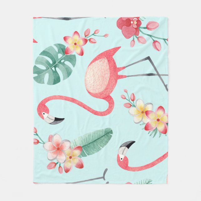 Manta Polar Flores tropicales Flamingos Patrón de acuarela (Anverso)