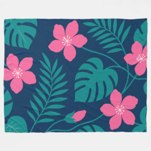 Manta Polar Flores Tropicales Rosadas y Diseño de Follaje Verd
