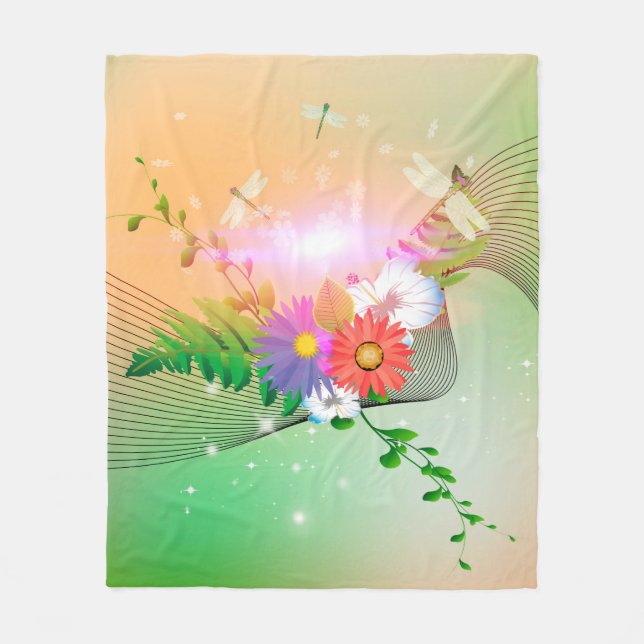 Manta Polar Flores y libélulas impresionantes (Anverso)