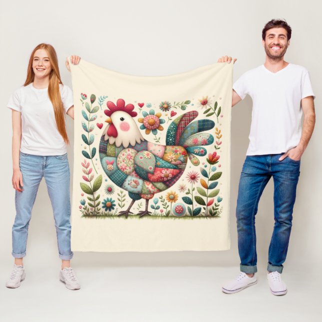 Manta Polar Folk Patchwork Rooster with Floral Accents (In situ)