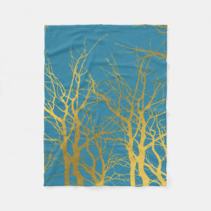 Manta Polar Fondo azul del patrón de ramas de árbol de oro