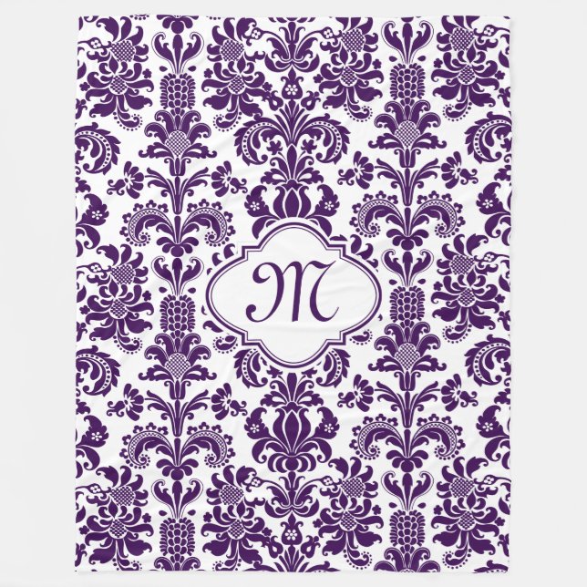 Manta Polar Fondo Blanco Monogramado Morado de Damascos Floral (Anverso)