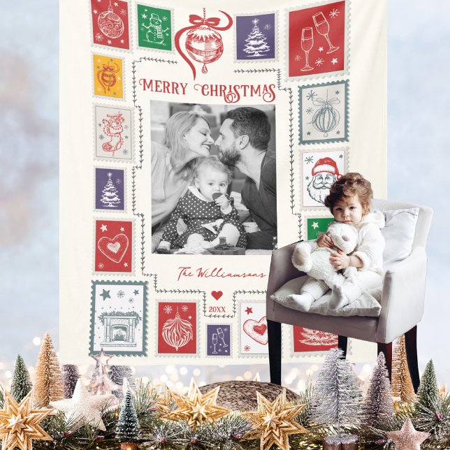 Manta Polar Foto caprichosa de Navidades de sello retro Ilustr (Whimsical Retro Stamp Christmas Photo Fleece Blanket Holiday Season Gift Decor Baby's Room Nursery)