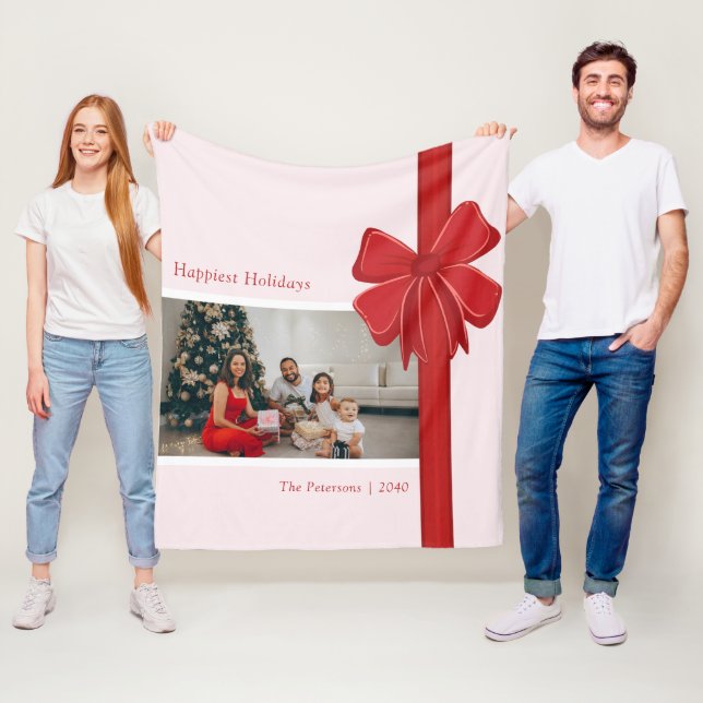 Manta Polar Foto de Navidad con lazo de cinta roja moderna (In situ)