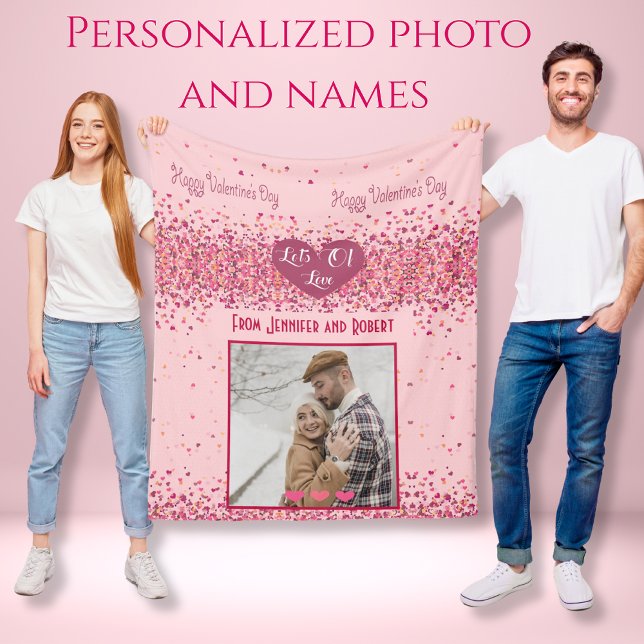 Manta Polar Foto personalizada del Día de San Valentín Corazon (Lots of love couple Personalized Photo Pink Hearts Fleece Blanket)