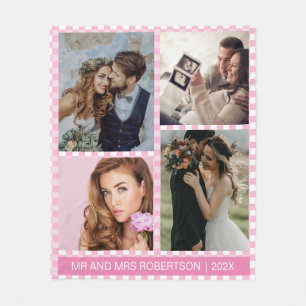 Manta Polar Foto personalizada rosa y blanco Gingham Plaid