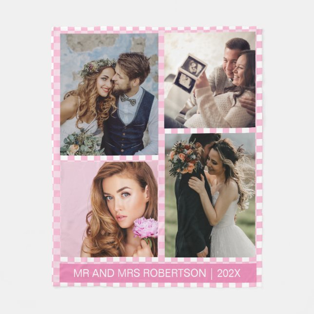 Manta Polar Foto personalizada rosa y blanco Gingham Plaid (Anverso)