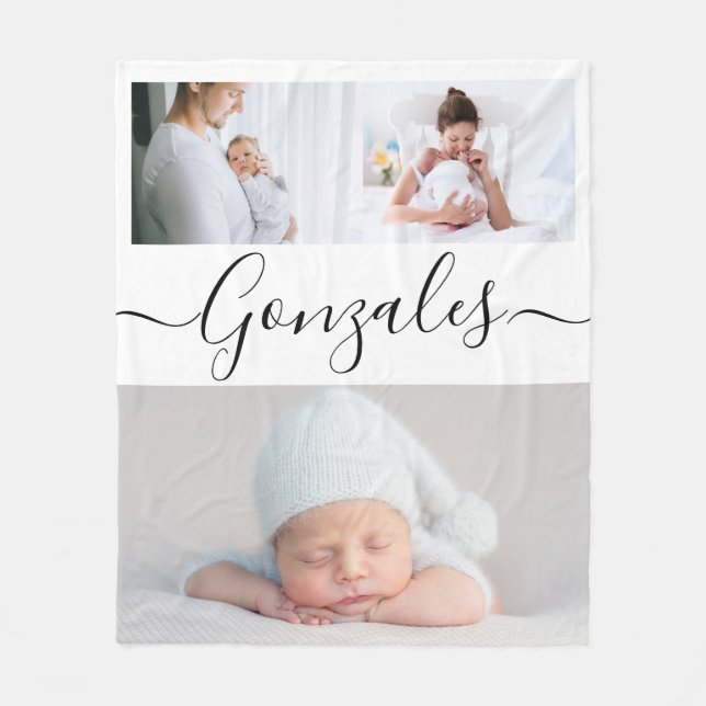 Manta Polar Fotos personalizadas de guión de apellido familiar (Anverso)