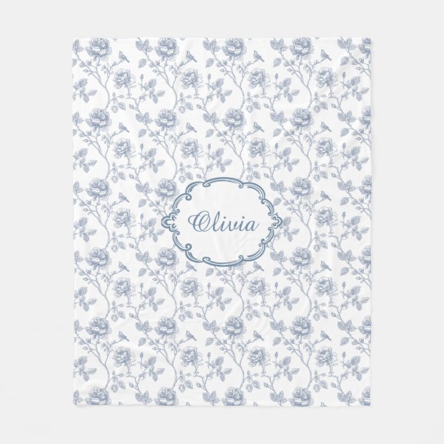 Manta Polar French Blue Toile Chinoiserie Floral Custom Name (Anverso)