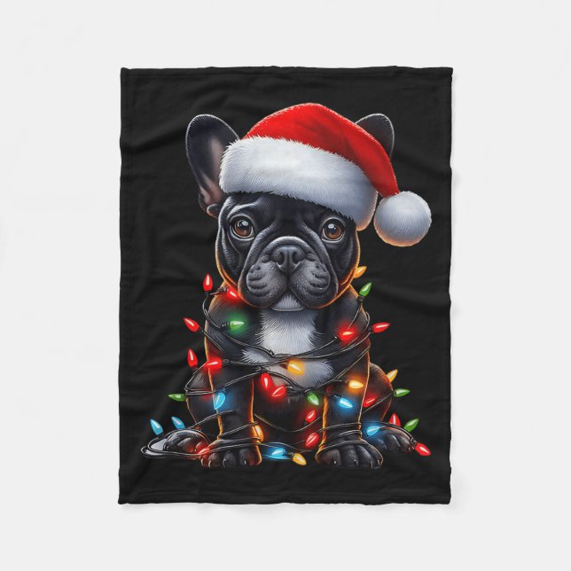 Manta Polar French Bulldog Dog Christmas Lights Santa Hat Dog  (Anverso)