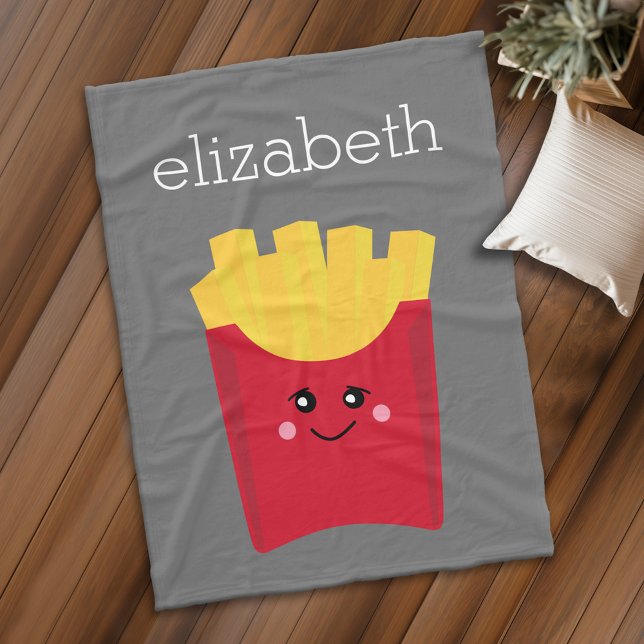 Manta Polar Fresas francesas de Kawaii con nombre personalizad (Personalized fleece blanket with kawaii french fries)