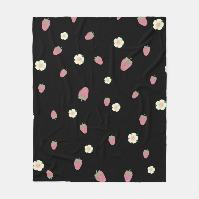 Manta Polar Fresas y flores Patrón negro (Anverso)