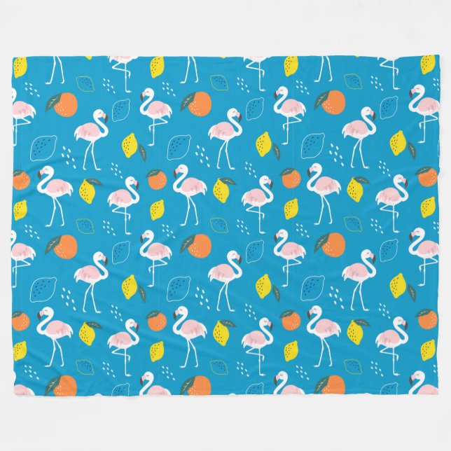 Manta Polar Frutas flamencas tropicales de fondo azul (Frente (Horizontal))
