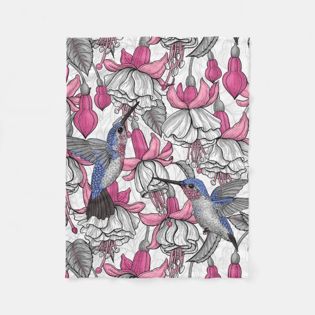 Manta Polar Fuchsia blanca y colibríes (Anverso)