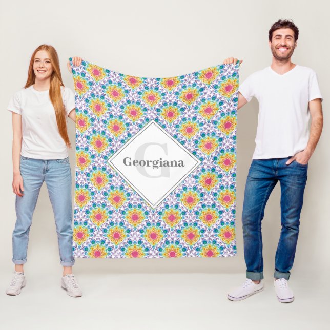 Manta Polar Fuente floral arcoiris personalizada Art Deco (In situ)