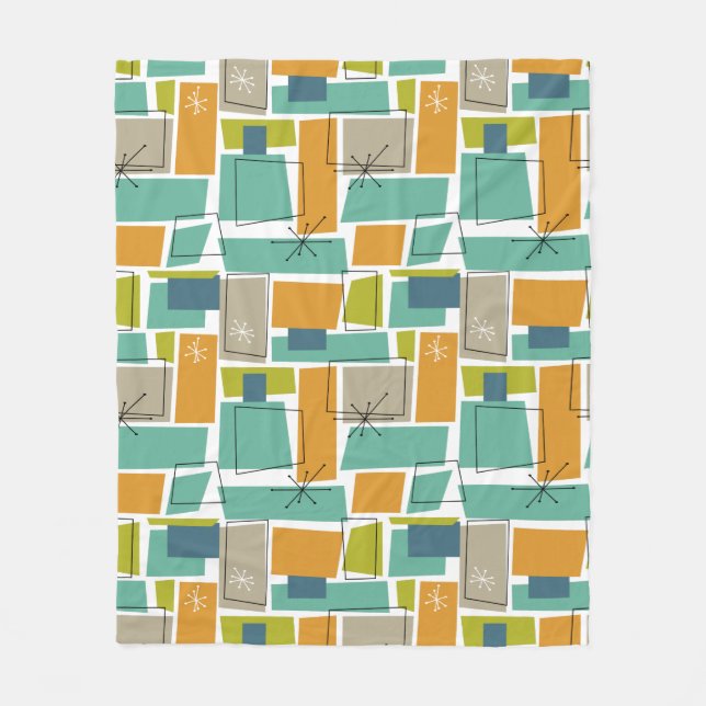 Manta Polar Funky Turquesa Naranja Green Squares Mid Century (Anverso)