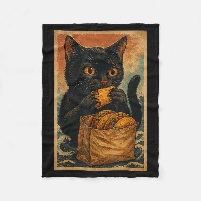 Manta Polar Funny Black Cat Eating Tacos Retro Japanese  (Anverso)