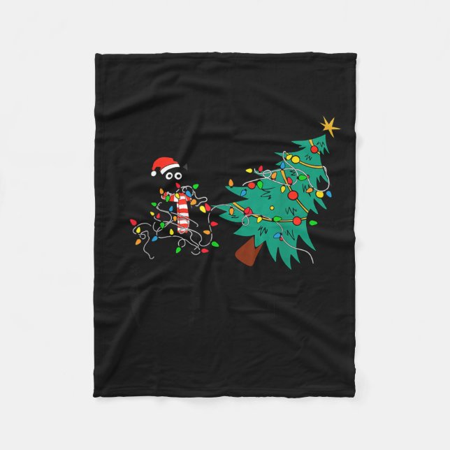 Manta Polar Funny Black Cat Gift Pushing Christmas Tree Over C (Anverso)