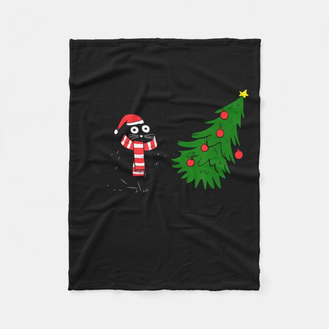 Manta Polar Funny Black Cat Gift Pushing Christmas Tree Over C (Anverso)