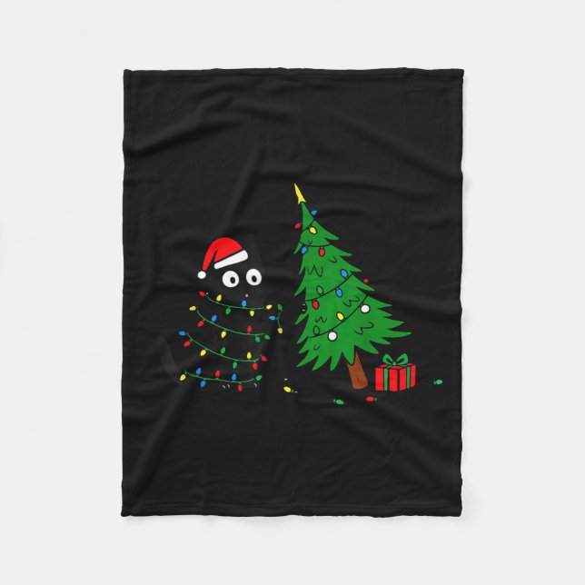 Manta Polar Funny Black Cat Pushing 67 Christmas Tree Over Cat (Anverso)