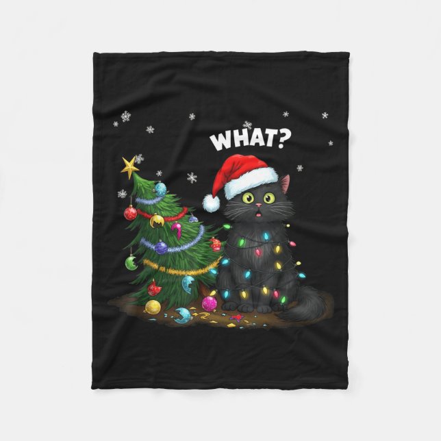 Manta Polar Funny Black Cat Pushing Christmas Tree  (Anverso)