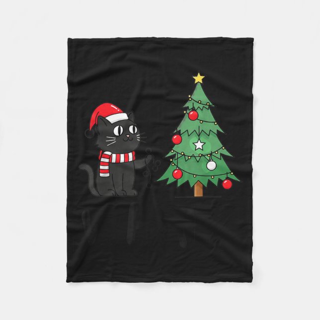 Manta Polar Funny Black Cat Pushing Christmas Tree Over Cat Wh (Anverso)