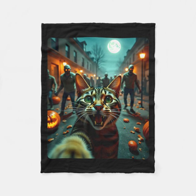 Manta Polar Funny Cat Selfie Halloween Zombies Humor  (Anverso)