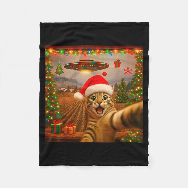 Manta Polar Funny Cat Selfie With Alien Ufo Christmas Lights S (Anverso)