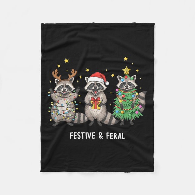 Manta Polar Funny Christmas Racoon - Feral But Festive  (Anverso)