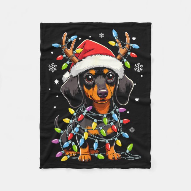 Manta Polar Funny Dachshund Christmas Lights Santa Hat Xmas  (Anverso)