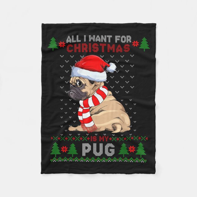 Manta Polar Funny Dog Lovers Cute Pug Santa Hat Ugly Christmas (Anverso)