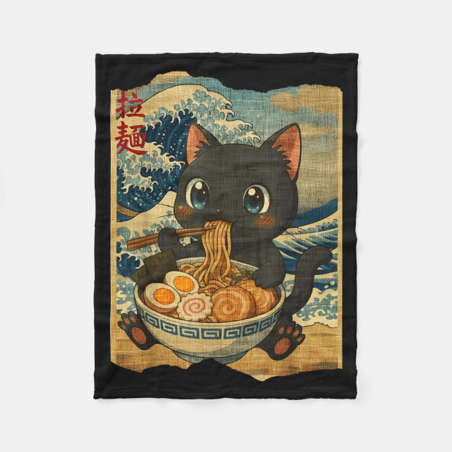 Manta Polar Funny Kawaii Black Cat Ramen Noodle Bowl Japanese  (Anverso)