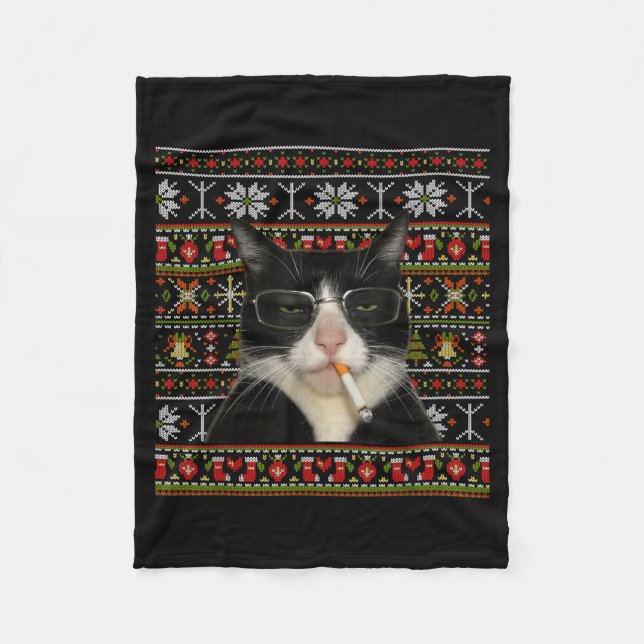 Manta Polar Funny Smoking Cat Meme Christmas Ugly Sweater Cat  (Anverso)