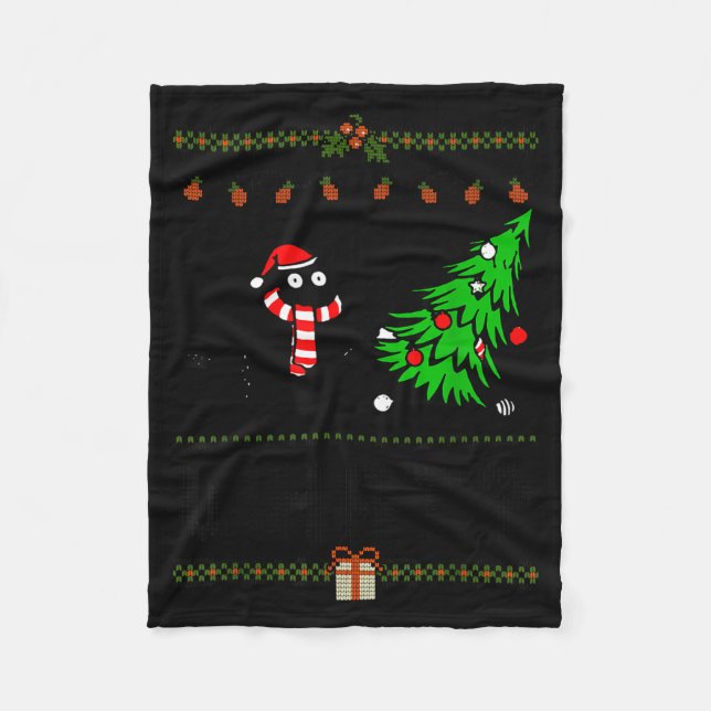 Manta Polar Funny Xmas Black Cat Pushing Christmas Tree Over C (Anverso)