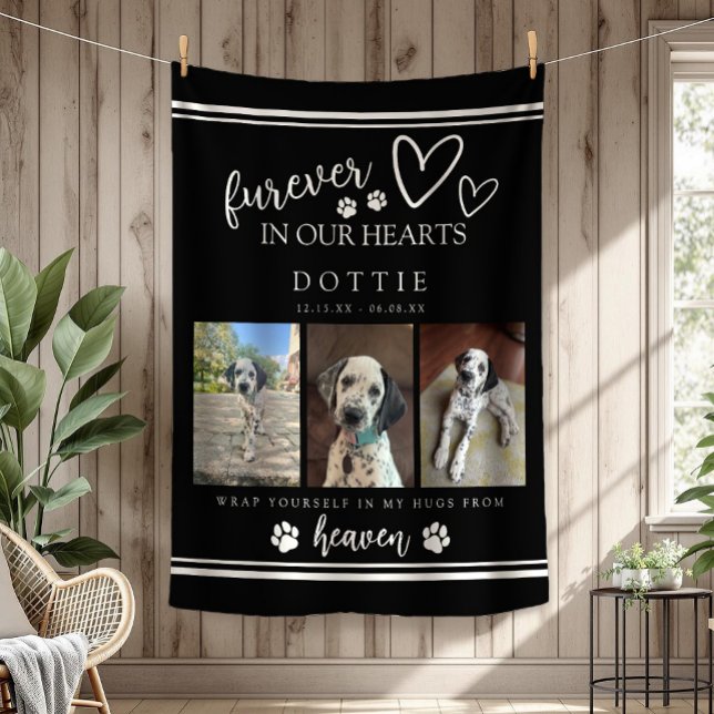 Manta Polar Furever En Nuestra Cama De Fotografías De Perro Co (Furever In Our Hearts Scrpit Typography Black and White Dog Memorial Photo Blanket)