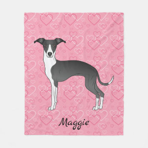 Manta Polar Galgo Italiano Blanco Y Negro Sobre Corazones Rosa