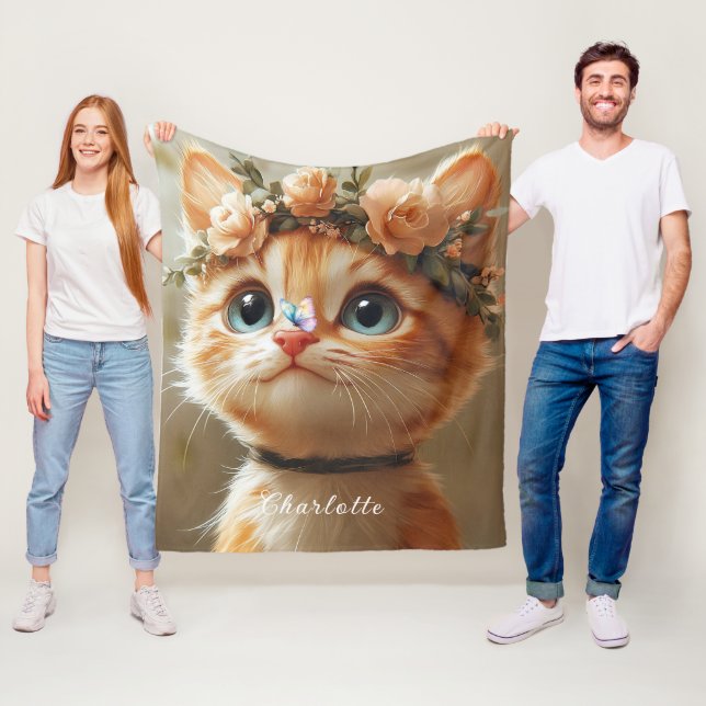 Manta Polar Gatito adorable flores rosadas mariposa (In situ)