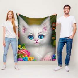 Manta Polar Gatito Blanco Con Flores