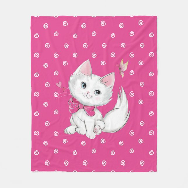 Manta Polar Gatito blanco lindo con la mariposa en rosa (Anverso)