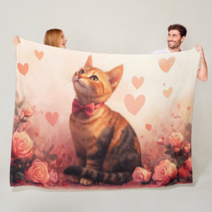 Manta Polar Gato Abisinio con Rosas - Día de San Valentín