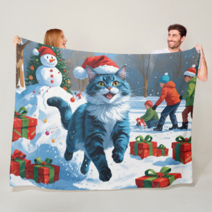 Manta Polar Gato Azul Oriental Sentado en Sombrero de Navidad